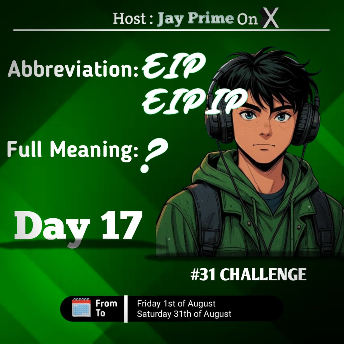 Jay_Prime001's tweet photo. Happy Sabbath Day
🌞 GM CT 🌞
Day 17 of the #31Challenge and we’re just warming up 🔥
Jay Prime:-
EIP – Ethereum Improvement Proposal
EIPIP – EIP Improvement Proposal Improvement Process
Now you know. Pass it on. 📲
#EIP #EIPIP #ChallengeAccepted https://t.co/XKOKViPZf0