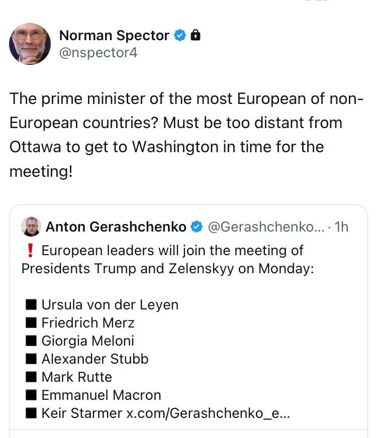 Graeme Menzies (@graememenzies) on Twitter photo Mark Carney may have been a European citizen, and may think Canada is the most European non-European country, but he’s not being seated at the same table as the actual European leaders. <a href="/nspector4/">Norman Spector</a> is right to suggest this does make him a bit of a nowhere man.👇 Mark Carney may have been a European citizen, and may think Canada is the most European non-European country, but he’s not being seated at the same table as the actual European leaders. <a href="/nspector4/">Norman Spector</a> is right to suggest this does make him a bit of a nowhere man.👇