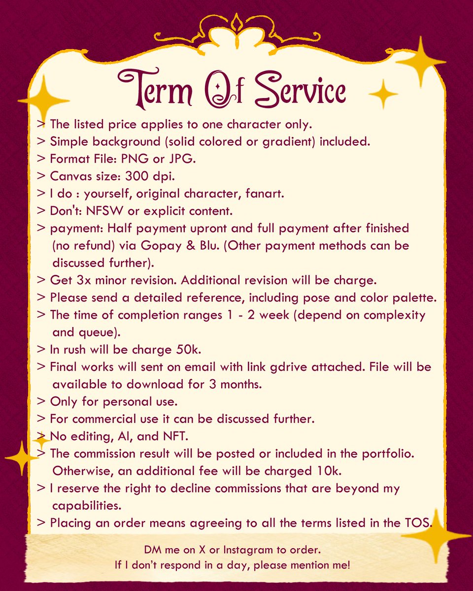 ✨ OPEN COMMISSION ✨
(reshares are really appreciated 💖)

Hi there! i open for commissions. For now, orders are available for local only 🇮🇩

Feel free to DM me if you're interested or have any questions 🙌✨
more samples: daribiya.carrd.co

#commission #commissionsopen