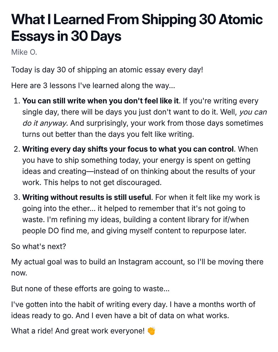 mikeofit_'s tweet photo. What I learned from shipping 30 atomic essays in 30 days... https://t.co/OXhkPtTwpl