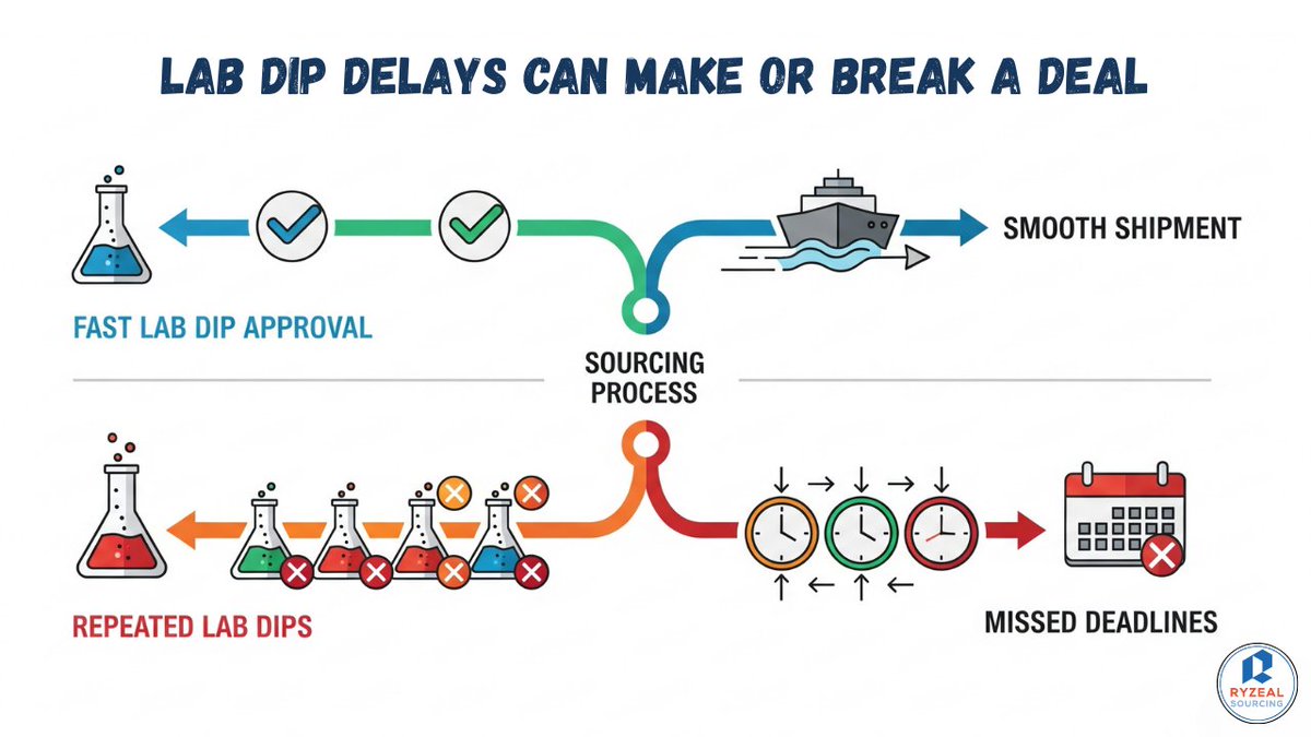 RyzealSourcing's tweet image. Repeating lab dips isn’t just a design hassle, it’s a production risk. 

Every delay in shade approval eats into your delivery calendar.

#GarmentSourcing #TextileTips #RyzealSourcing #ClothingManufacturer