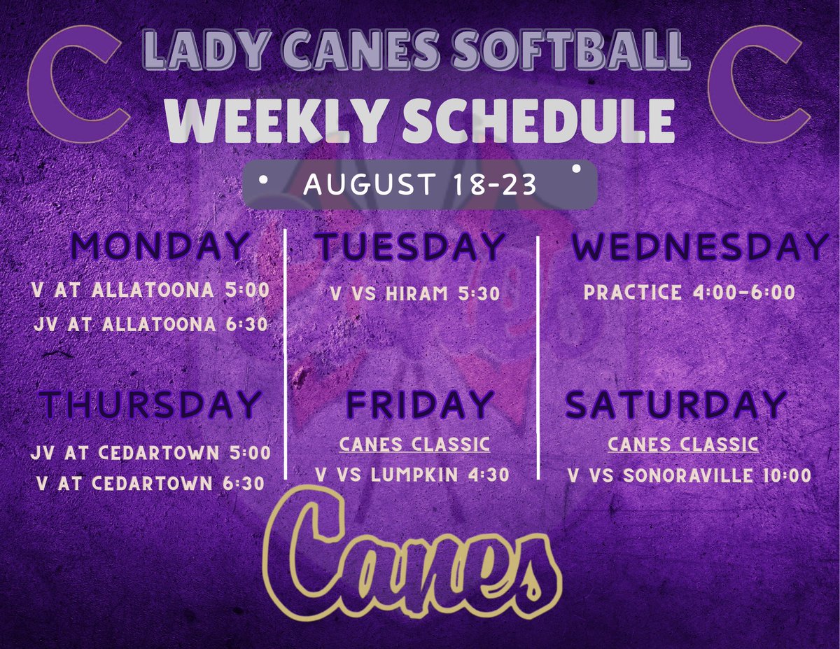 Starting our week off at Allatoona and ending with the Canes Classic at Atco!  

GO CANES!! 💜💜