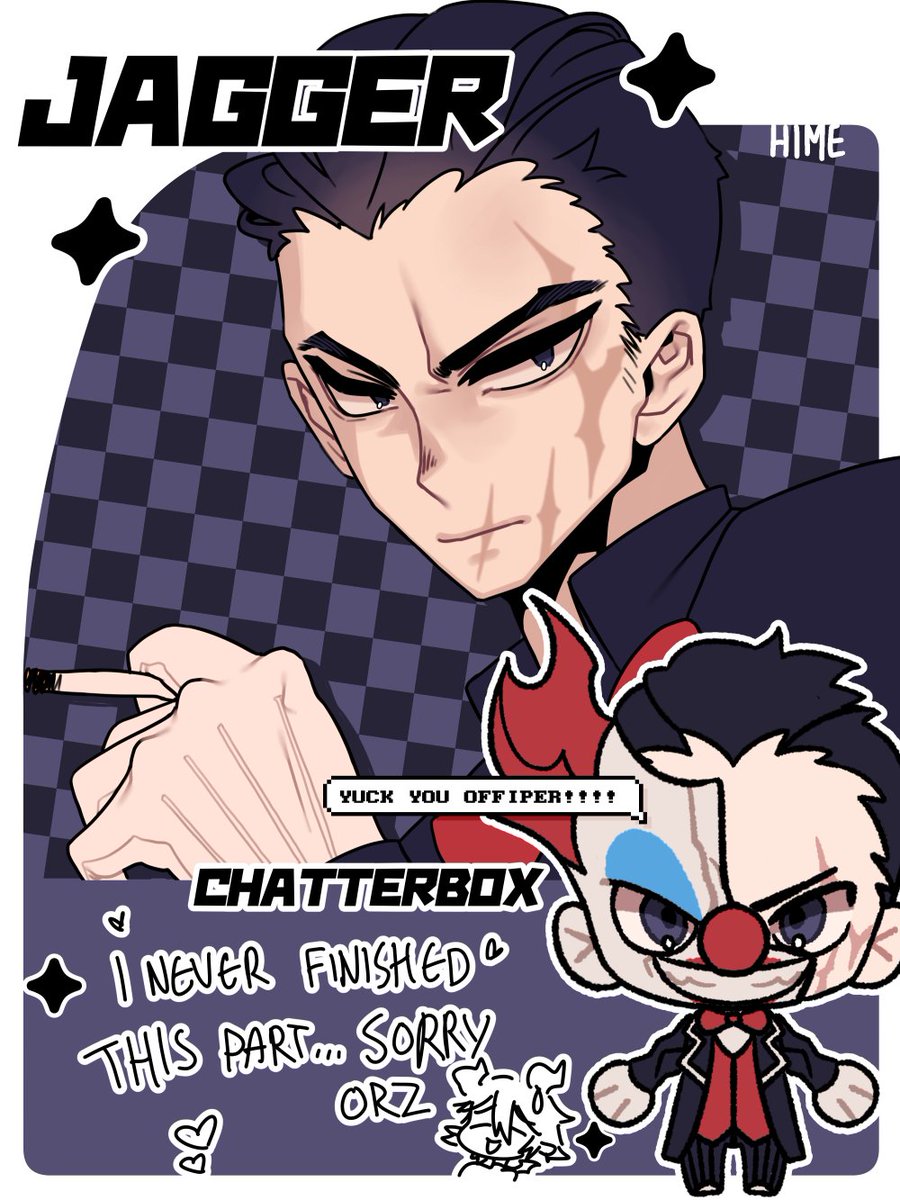 i'm never gonna finish it, so here, take chatty's old clown trading card! 

with the cards i always want the "unmasked" clown to be the big portrait, but with chatty, i always wonder which one is really "unmasked" ∘ ∘ ∘ ( °ヮ° ) ?