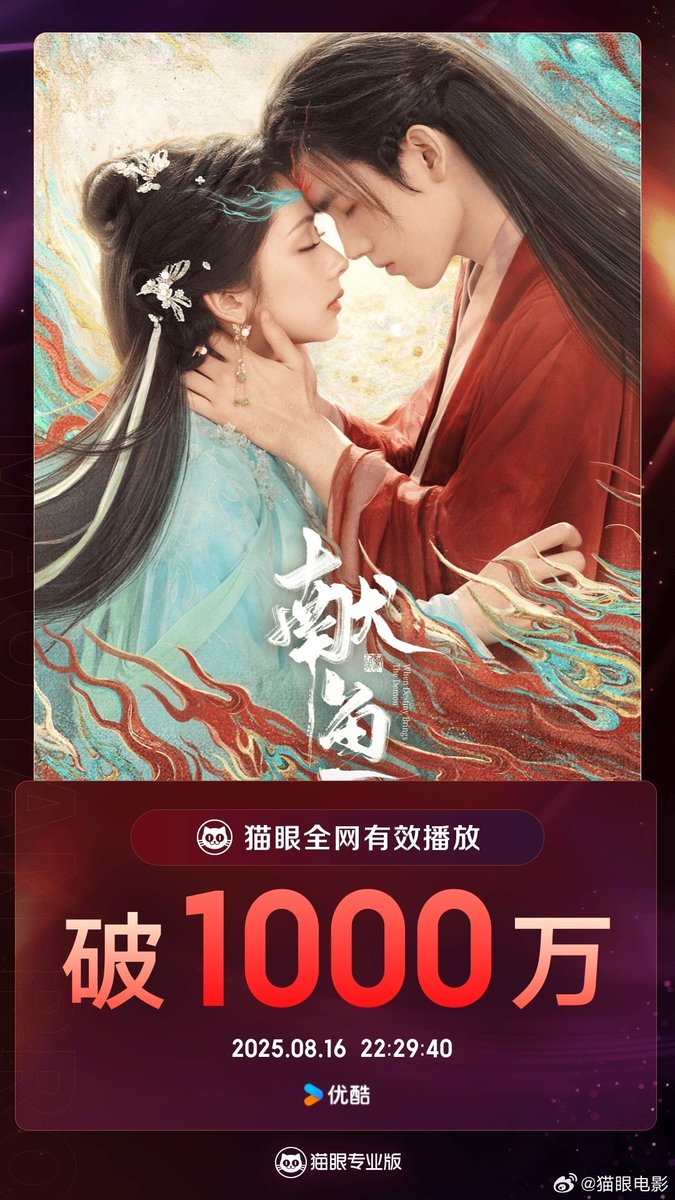 FKShi's tweet photo. According to Maoyan data, TV Series #献鱼/ #XianYu/ #WhenDestinyBringsTheDemon got 10 million effective views since airing till now.
Cast: #ChenFeiYu #WangYingLu #WangYiTing #GaoHan #WuYuHeng #WangYaJia #QiPeiXin #ZhaoShunRan etc
~Weibo 16 Aug 2025~ https://t.co/4LufFcSj3E