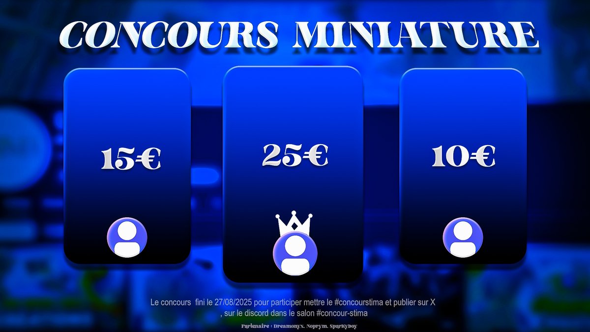 StiMaDZN's tweet image. CONCOURS DE MINIATURE ! 👑

👑 Récompenses :
1er : 25€
2e : 15€
3e : 10€

🎯 Thème : Skin Sorcière Surfeuse (Surf Witch) + minia settings

📌 Participation ?
Postez votre miniature avec le hashtag #concoursstima
Sur le Discord (salon #concours-stima)

📅 Fin du concours : 27…