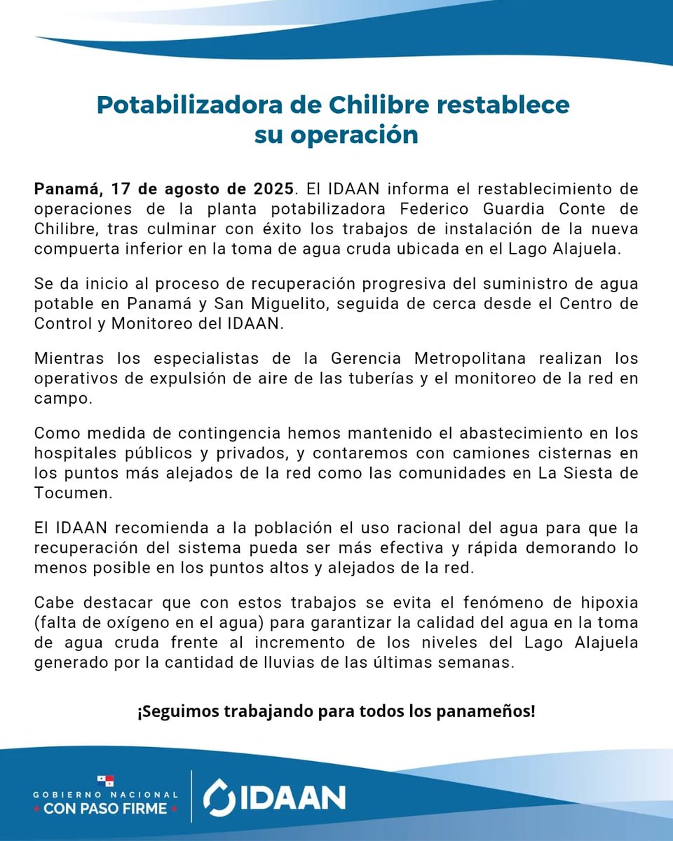 📢La potabilizadora de Chilibre restablece operaciones, tras  culiminar  la instalación de la nueva compuerta inferior en la toma de agua cruda en Lago Alajuela✅️

💧Inicia el proceso de recuperación progresiva del suministro de agua potable en Panamá y San Miguelito✅️