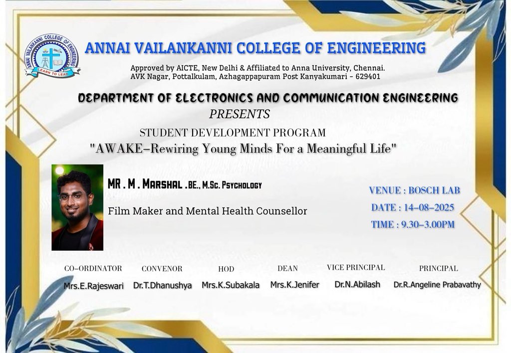 mentalwellnes's tweet photo. Excited to share that I’ll be leading a Life Coaching session at "Annai Vailankanni College of Engineering" for the Department of Electronics and Communication Engineering students.

Looking forward to inspiring young minds and helping them unlock their true potential❤️ https://t.co/h1iDsVyCAs