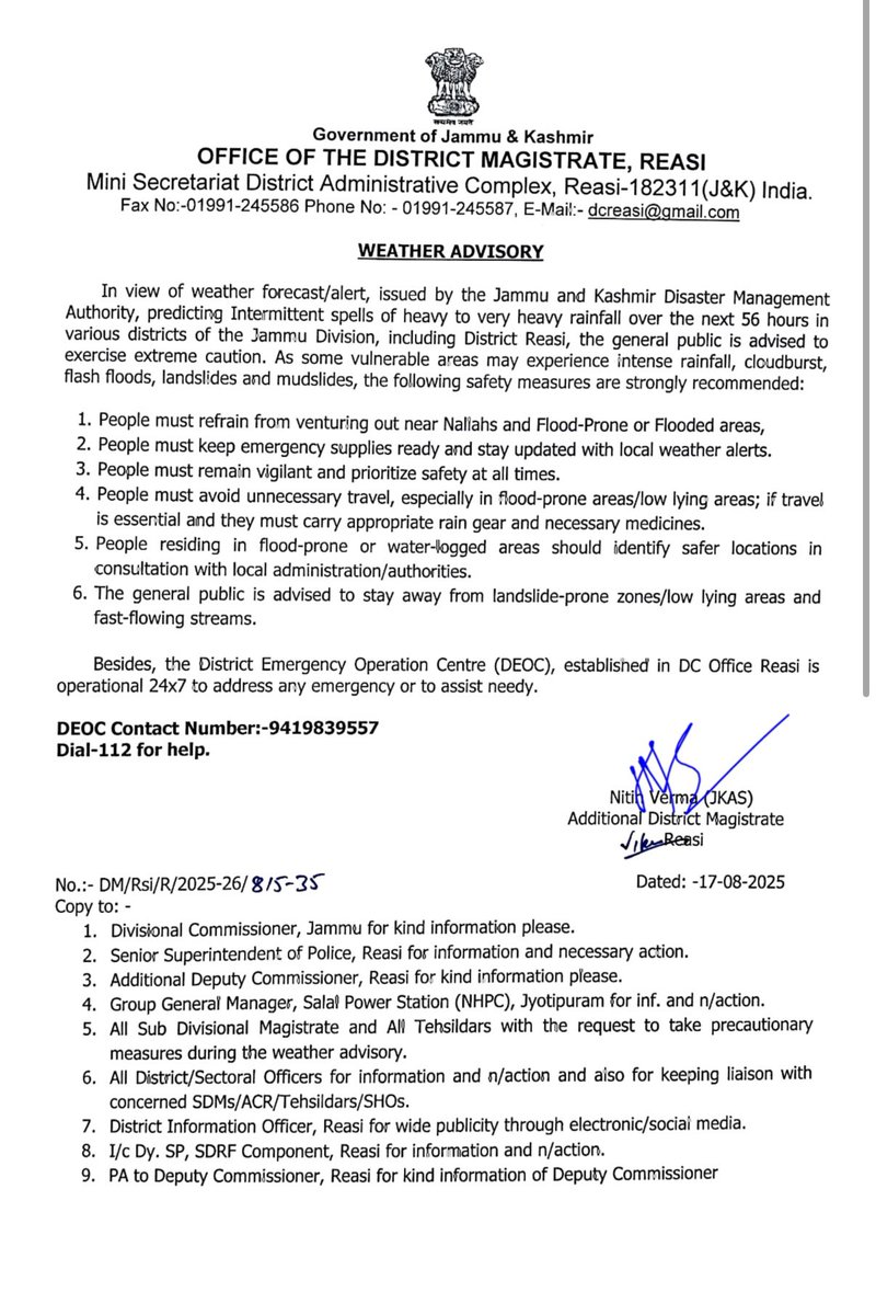 Deputy Commissioner Reasi (@dmreasi) on Twitter photo Advisory-:
District Administration Reasi issued advisory for general public to exercise extreme caution due to prevailing weather situation
All to vigilant and safe,refrain from going near water bodies
24x7 District Emergency contact
-9419839557
Dial 112 for Help
<a href="/diprjk/">Information & PR, J&K</a> Advisory-:
District Administration Reasi issued advisory for general public to exercise extreme caution due to prevailing weather situation
All to vigilant and safe,refrain from going near water bodies
24x7 District Emergency contact
-9419839557
Dial 112 for Help
<a href="/diprjk/">Information & PR, J&K</a>