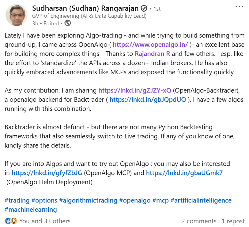 marketcallsHQ's tweet photo. Guess what? 🎉 Backtrader is now integrated with OpenAlgo!
If you’re a Backtrader fan, you can now backtest & go live with your strategies on Indian brokers — all with just a flip of a switch.
🔗 https://t.co/70FuR3hNFe
#AlgoTrading #Backtrader #OpenAlgo #Trading
And Thanks Sudharsan Rangarajan sir 🙏 for this wonderful contribution to the trading community.