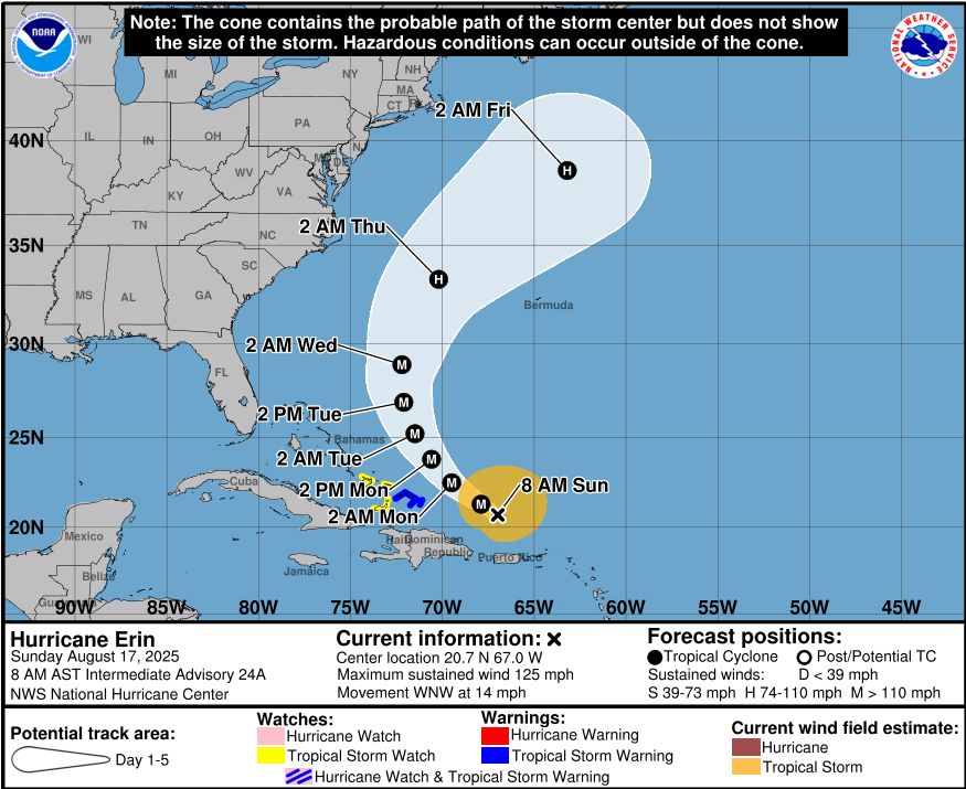 wxbrad's tweet image. Sunday morning #Erun update: Erin is going throuhg fluctuation as the eyewall goes through replacement cycles. The track remains exactly between the East Coast and Bermuda. Due to the storm increasing in size as it moves north, the expanding wind field will allow for massive…