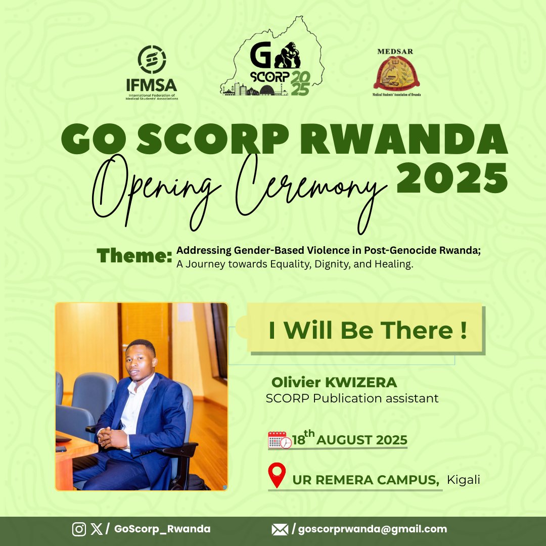 oli34925's tweet photo. Excited to join the GO SCORP Rwanda Opening Ceremony 2025!
Together, let’s work towards equality, dignity, and healing. 🙌
#GoSCORP2025 #SCORPRwanda #MedsarRwanda https://t.co/LPzWPIfj0d