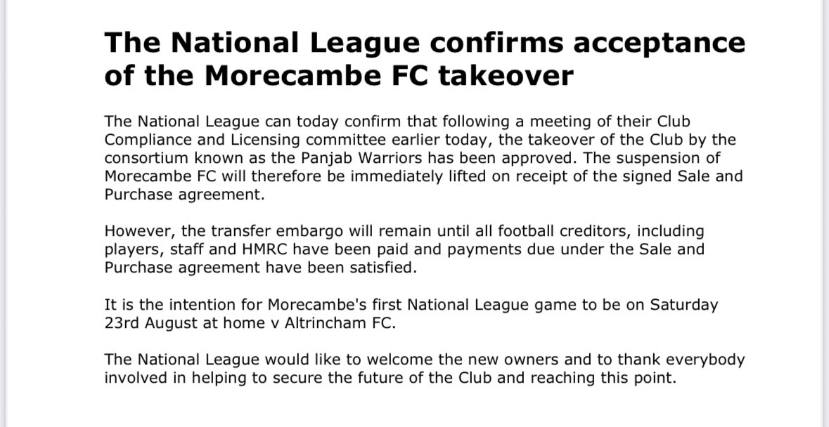 🚨 BREAKING: The National League confirm the approval of Morecambe’s takeover by the Panjab Warriors consortium.

Morecambe can compete in the National League once the signed sale agreement is received. First game against Altrincham on 23 August.

Fantastic news for the club.🙏