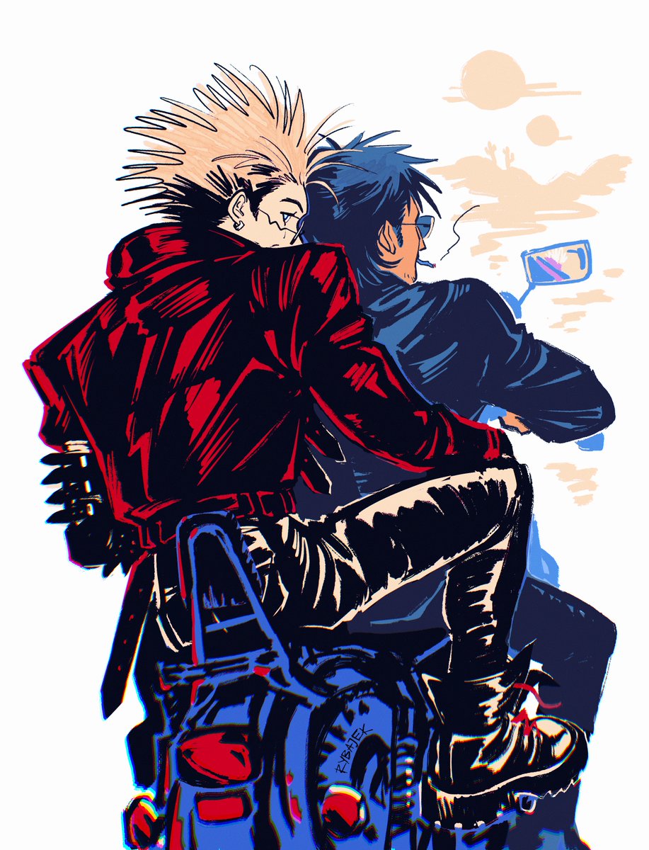 rybajek's tweet photo. riding into the sunset... 

#vashwood #trigun #vashthestampede #wolfwood https://t.co/0FubIcydro