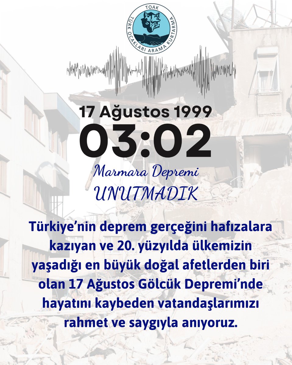 17 Ağustos Gölcük Depremi'nde hayatını kaybeden vatandaşlarımızı rahmet ve saygıyla anıyoruz. 
#17Agustos1999 #MarmaraDepremi