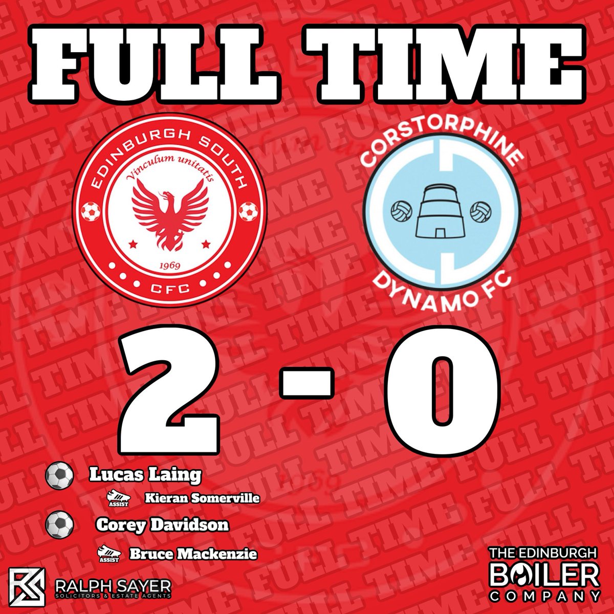 EdinSouth2025's tweet photo. FULL TIME

Edinburgh South edged a scrappy contest with Corstorphine Dynamo, breaking the deadlock late as Lucas Laing sparked the opener on 85’. Corey Davidson sealed it with a header soon after. A 2-0 win in a game short on quality but big on late drama. #MonTheSouth ⚽🔴⚪ https://t.co/McD1xzs0tk