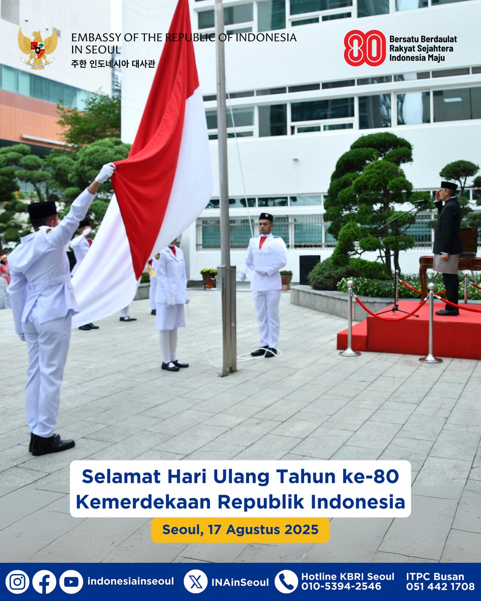 2025년8월17일에 인도네시아 독립 80주년을 거행합니다. 🇮🇩

함께 더 발전한 인도네시아를 위해 협력을 강화해 나갑시다. ✨

Duta Besar RI Seoul, Bapak Cecep Herawan, beserta seluruh keluarga besar KBRI Seoul mengucapkan:

Selamat Hari Ulang Tahun ke-80 Kemerdekaan Republik Indonesia 🇮🇩