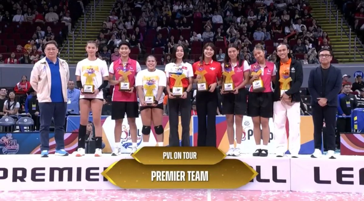volleytiger's tweet photo. #PVLonTour Premier Team (Individual Awardees):

Best OHs: Alyssa Valdez, Myla Pablo
Best MBs: Pangs Panaga, Majoy Baron
Best Opp: Trisha Tubu
Best Setter: Kyle Negrito
Best Libero: Kath Arado

MVP: Erika Santos https://t.co/k837N34VmO