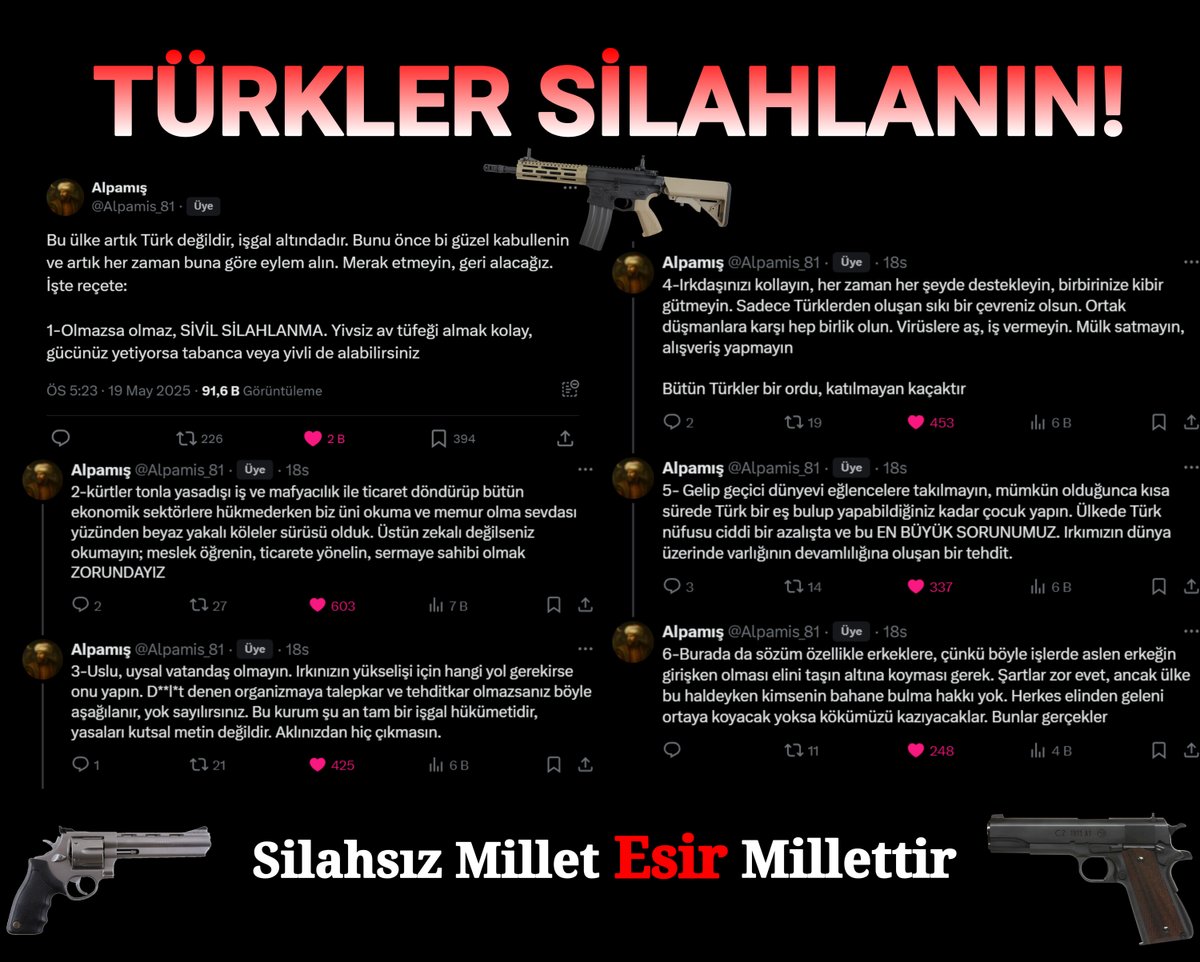 Her Türk Hakan Çakır kardeşimiz gibi Kürt terörü kurbanı olabilir.

Yeni Kurtuluş Savaşı için dedelerimiz gibi silahlanın, örgütlenin, hiçbir etniğe asla güvenmeyin. Gelecek Türk'ündür!