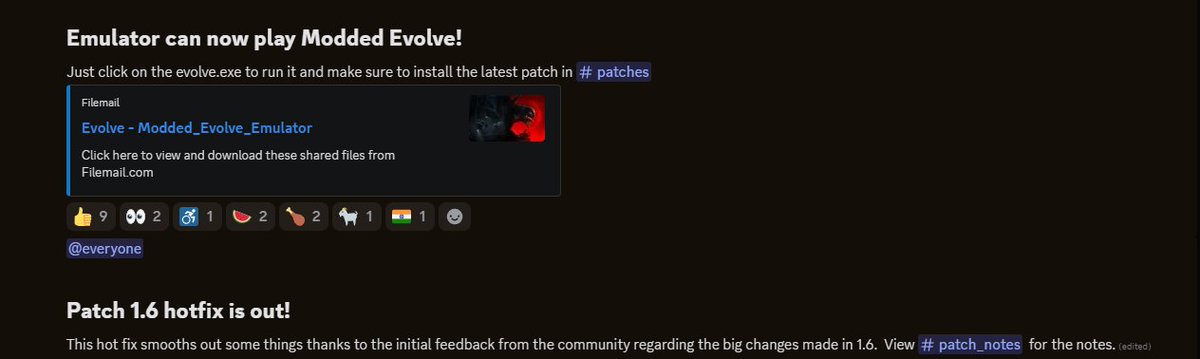 Evolve Update Emulator: The emulator now can play with the modded patches for Evolve! Also there is a new hotfix for 1.6, Happy hunting. #EvolveGame