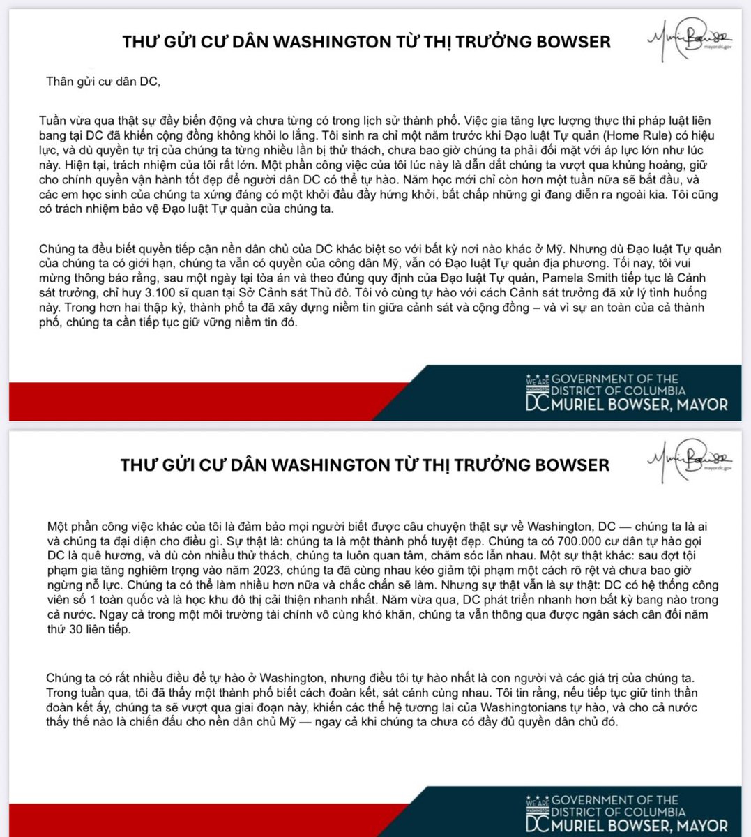 THƯ GỬI CƯ DÂN WASHINGTON TỪ THỊ TRƯỞNG BOWSER