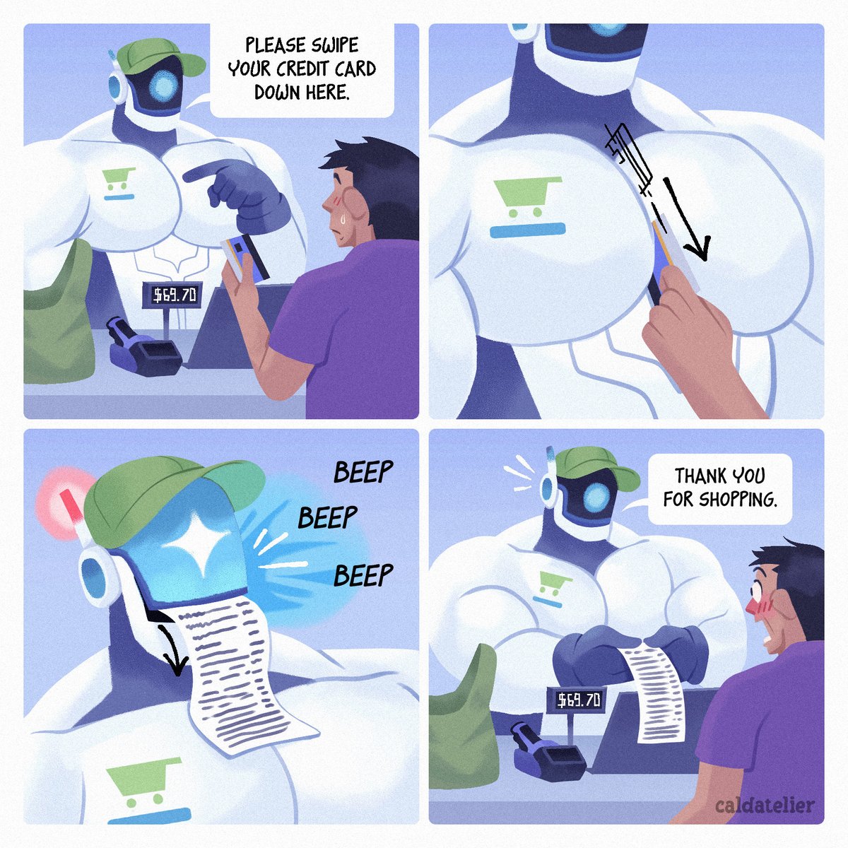 Replace the swipe card with robot cashier's pecs. 😏