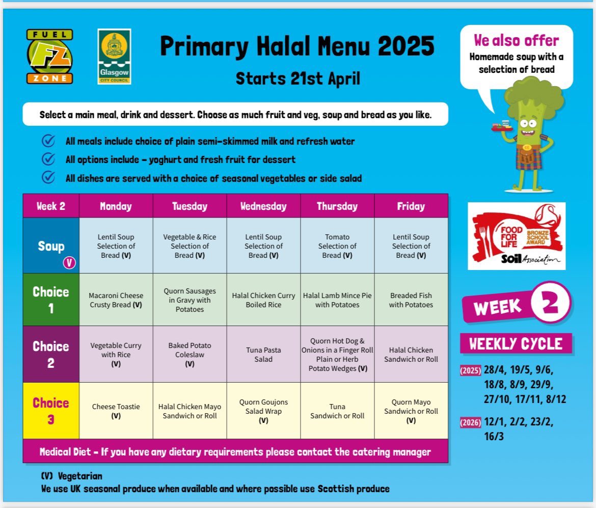 This week is Week 2 on the Lunch Menu. 🍽️ Please, review the options with your child and pre-order on ParentPay. Thank you!  <a href="/FuelZoneGlasgow/">Fuel Zone</a> 🥪🍎