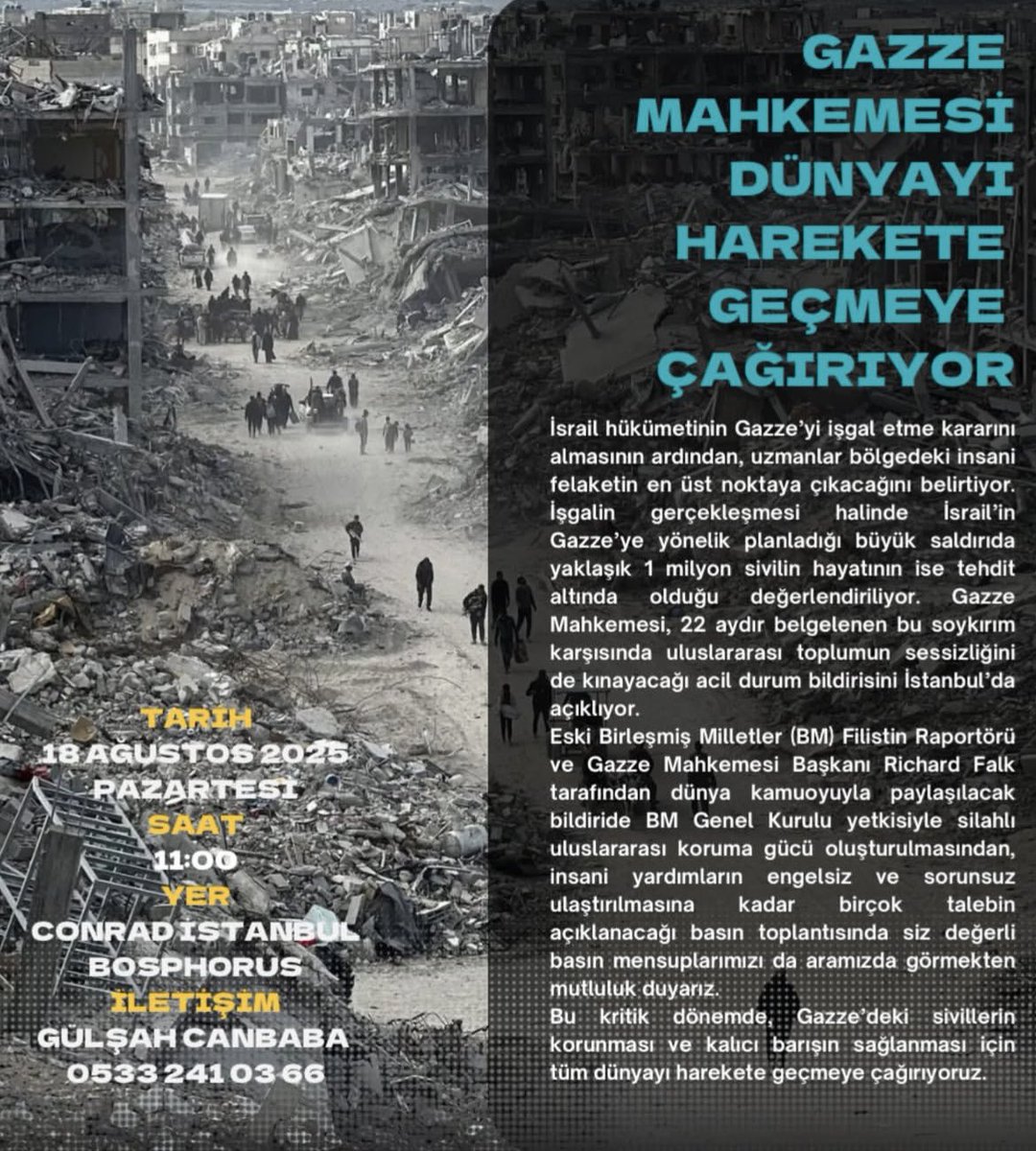 Gazze Mahkemesi Heyeti, İsrail’in işgal kararı karşısında acil silahlı uluslararası koruma gücü oluşturulması talebiyle yarın bir basın toplantısı gerçekleştirecek.

Bu talebe destek olmak ve dünyaya duyurmak isteyen basın mensuplarını yarın aramızda görmek istiyoruz.