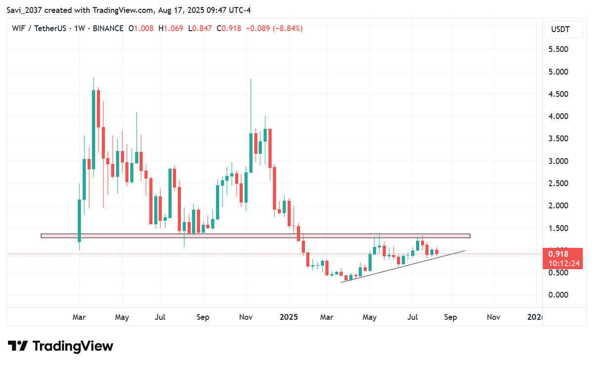 WIF weekly chart is forming a classic ascending triangle right under major  resistance… Next move = explosive. 🚀🔥 Breakout = $WIF season Breakdown = meme  coin funeral ☠️ Which side are you betting on? 👀