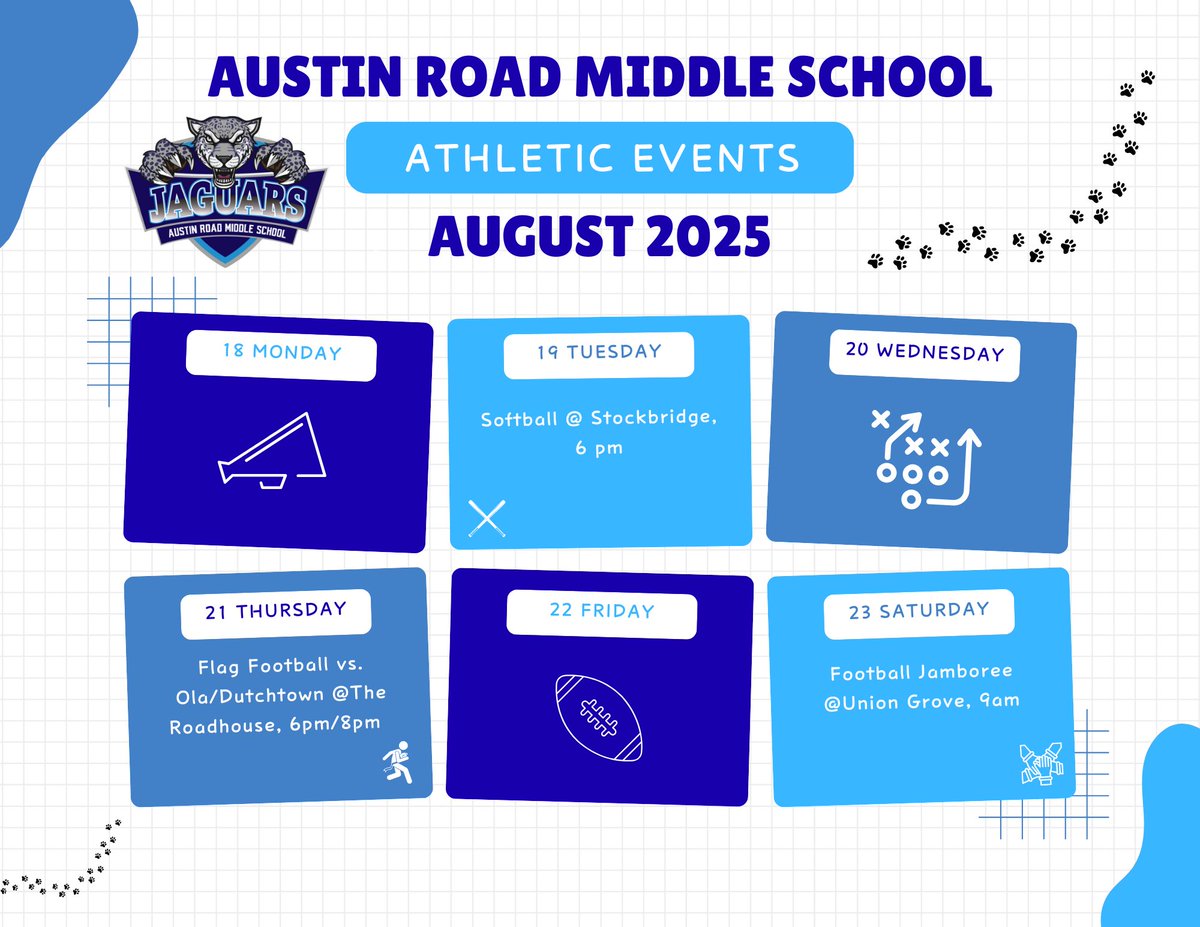 ARMS Athletics (@austinroad_100) on Twitter photo 📣 ARMS Athletics Update 🐾
🥎 Tues – First Softball Game at Stockbridge, 6 pm
🏈 Wed – Flag Football game at The Roadhouse, 6pm
🏟️ Sat – Football Jamboree Kickoff at Union Grove, 9 am
Come support the Jags all week! 🔥
<a href="/LibraLBrittian/">Libra L. Brittian</a> <a href="/AOAddison_/">Ashlee Addison-Wrighton</a> <a href="/BWashing10/">Brittany Washington, Ed.S</a> 📣 ARMS Athletics Update 🐾
🥎 Tues – First Softball Game at Stockbridge, 6 pm
🏈 Wed – Flag Football game at The Roadhouse, 6pm
🏟️ Sat – Football Jamboree Kickoff at Union Grove, 9 am
Come support the Jags all week! 🔥
<a href="/LibraLBrittian/">Libra L. Brittian</a> <a href="/AOAddison_/">Ashlee Addison-Wrighton</a> <a href="/BWashing10/">Brittany Washington, Ed.S</a>