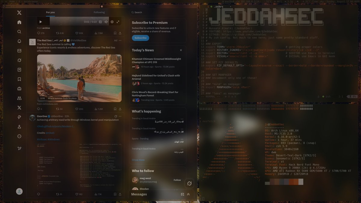 jeddahsec's tweet photo. Just switched to DWM on Arch Linux, and it's pure bliss. No bloat, just speed.
Me: I just need a simple window manager
Also me: spends 18 hours configuring DWM patches
 #dwm #archlinux #suckless https://t.co/GTvHZlAW75