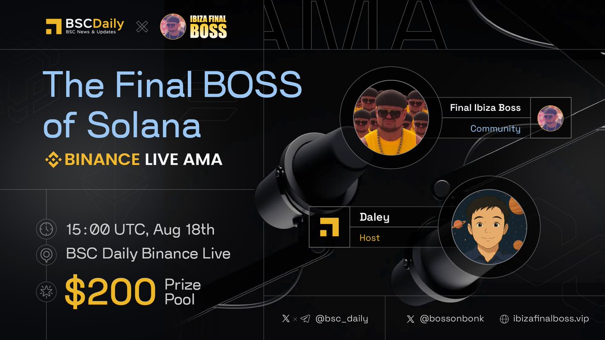 BSCDaily (@bsc_daily) on Twitter photo The Solana sensation: Ibiza Final Boss - <a href="/bossonbonk/">Ibiza Final Boss(Backup)</a> will be on our Binance Livestream AMA 🔥
🗓️The party starts: August 18th, 15:00 UTC
📍 Venue: binance.com/en/live/video?…
💰$200 #Giveaways ⬇️
1️⃣ Follow <a href="/bossonbonk/">Ibiza Final Boss(Backup)</a>
2️⃣ Ask questions on Binance!
3️⃣ Like & RT
#Sponsored The Solana sensation: Ibiza Final Boss - <a href="/bossonbonk/">Ibiza Final Boss(Backup)</a> will be on our Binance Livestream AMA 🔥
🗓️The party starts: August 18th, 15:00 UTC
📍 Venue: binance.com/en/live/video?…
💰$200 #Giveaways ⬇️
1️⃣ Follow <a href="/bossonbonk/">Ibiza Final Boss(Backup)</a>
2️⃣ Ask questions on Binance!
3️⃣ Like & RT
#Sponsored
