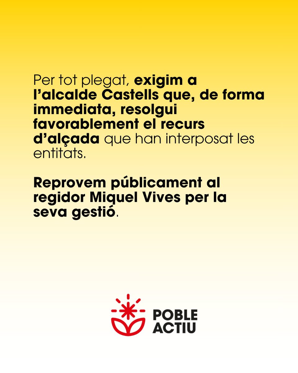 👉 La neutralitat correspon a l’Ajuntament, no a la societat civil.
👉 Les entitats tenen dret a expressar-se lliurement a l’espai públic.

Prohibir pancartes és prohibir veus, o pitjor, idees. Exigim a l’alcalde Castells una rectificació immediata!
