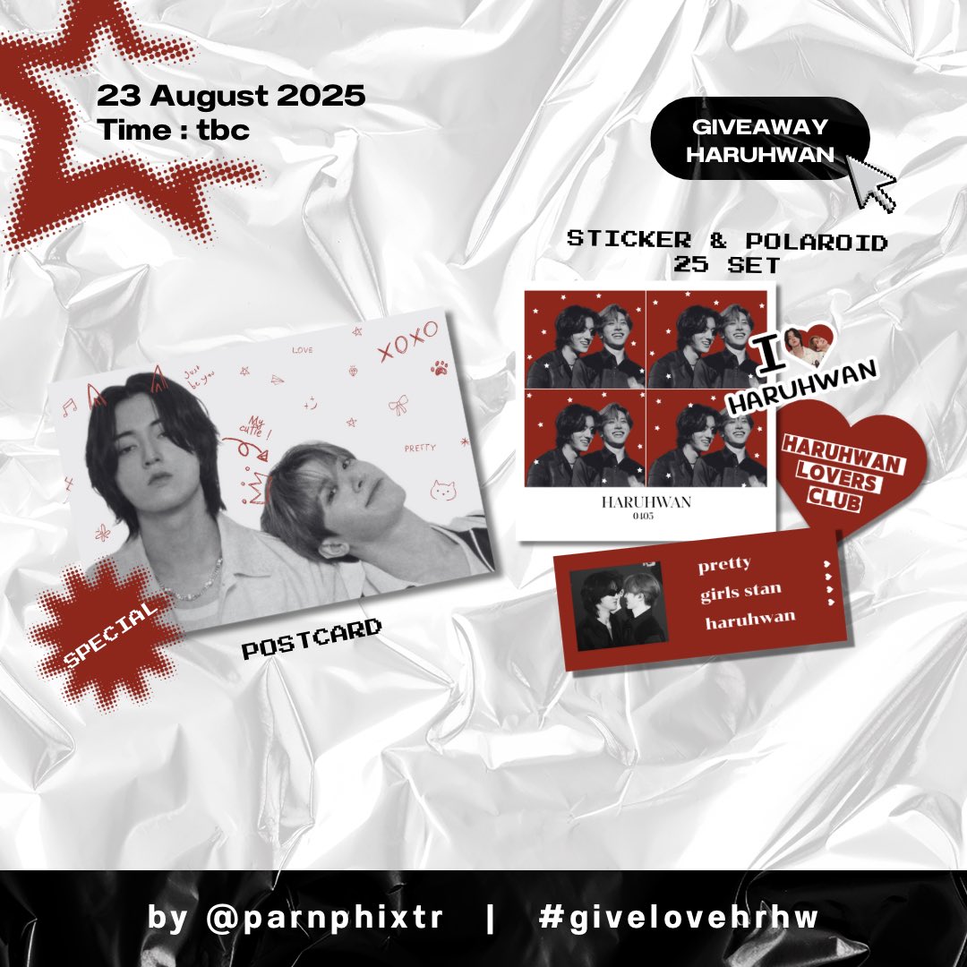parnphixtr's tweet image. - pls rt  -

☆ giveaway for haruhwan lovers club 𓈒

♡ Sticker set 25 set 
* Special postcard only 20 ea.*

date : 23 aug 2025 
time : tba 
at achcha cafe 

#iLikeUTheMostHARUHWAN 
#HARUHWAN