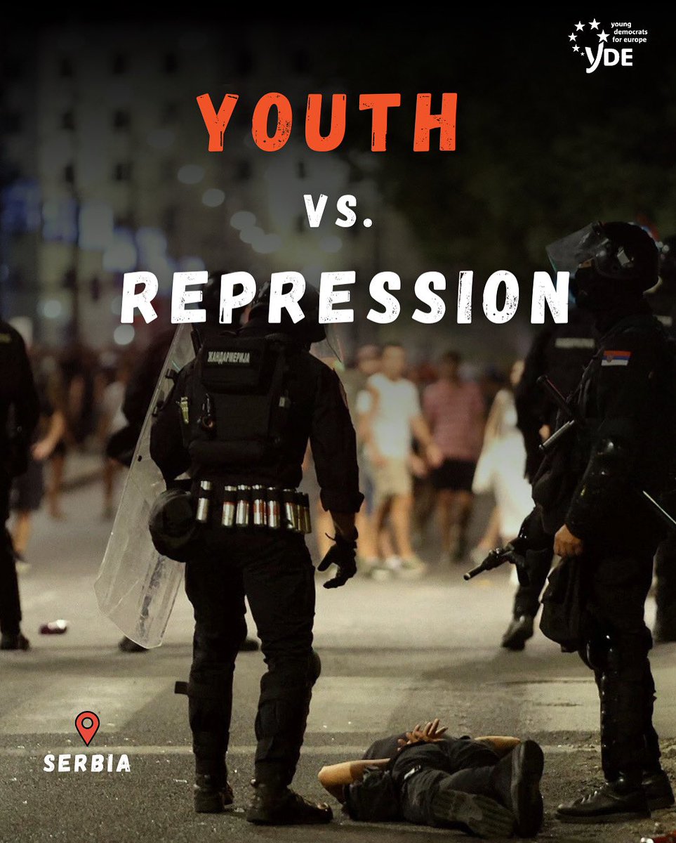 🚨 Youth vs. Repression in Serbia 🚨

Protesters – young people, families, citizens – demand justice &amp; democracy.
The government answers with tear gas, arrests &amp; violence.

🟧 YDE stands with Serbia’s people.
✊ Repression will not silence freedom.