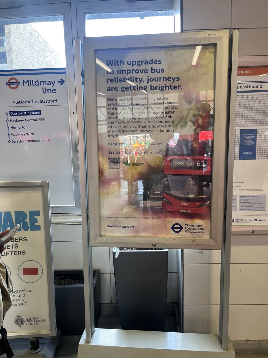 I was gobsmacked at seeing this poster at Dalston Kingsland suggesting all is fine with London bus performance. After a decade of neglect journey times are slower than ever and reliability has gone back to the level of Mayor Livingstone’s first term. Nothing short of disastrous.
