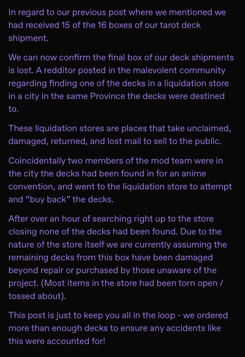 MalevolentTarot's tweet photo. Some of you may be familiar with a post that had been made on Reddit regarding a deck being found in a liquidation store- we can confirm this was our deck! We will share the screen shots to allow it to fit in one message here https://t.co/3CumcJwT5h