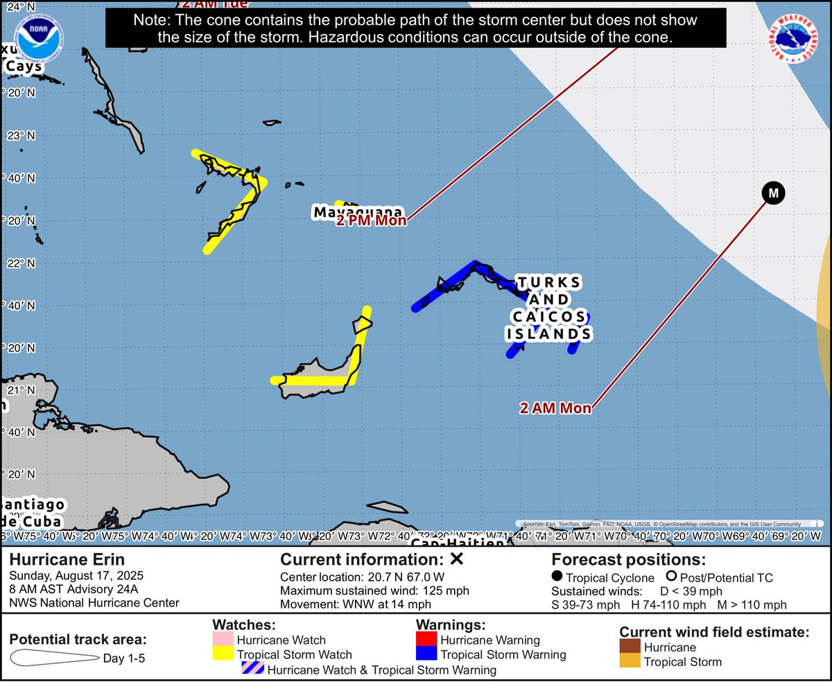 VortixWx's tweet photo. Quick check on #Erin. It’s still in the middle of the EWRC. Recon hasn’t found anything beyond a C2 as of now. A TS Warning is in place for the #TurksAndCaicos & a TS Watch for SE #Bahamas.
#tropicswx #TCAwx #BHSwx https://t.co/BbwZXP8opX