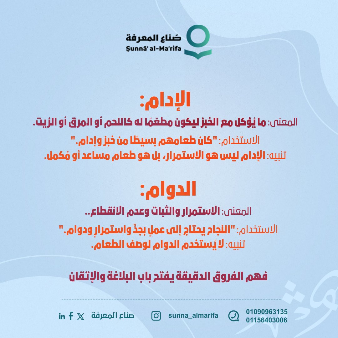 ✒️ فروق لغوية:
الإدام
المعنى: ما يُؤكل مع الخبز ليكون مطعّمًا له كاللحم أو المرق أو الزيت.
مثال:
"كان طعامهم بسيطًا من خبز وإدام."
تنبيه: الإدام ليس هو الاستمرار.
الدوام
المعنى: الاستمرار والثبات وعدم الانقطاع.
مثال:
"النجاح يحتاج إلى عملٍ بجدٍّ واستمرارٍ ودوام."
#صُناع_المعرفة