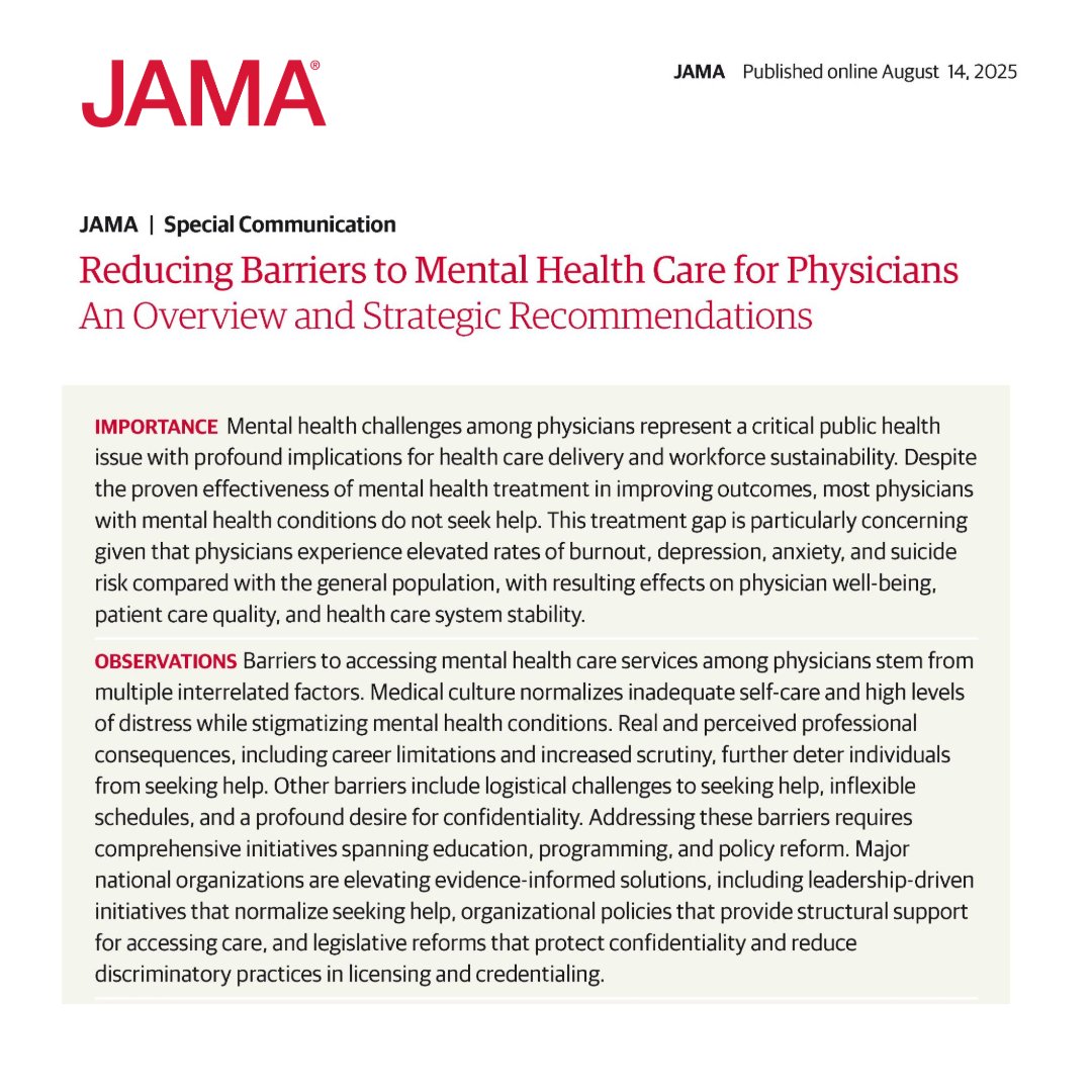 Eliminating barriers to #mentalhealth care for physicians is essential to prevent untreated conditions and suicides, improve well-being, and maintain high-quality patient care. 

ja.ma/46V2qsV