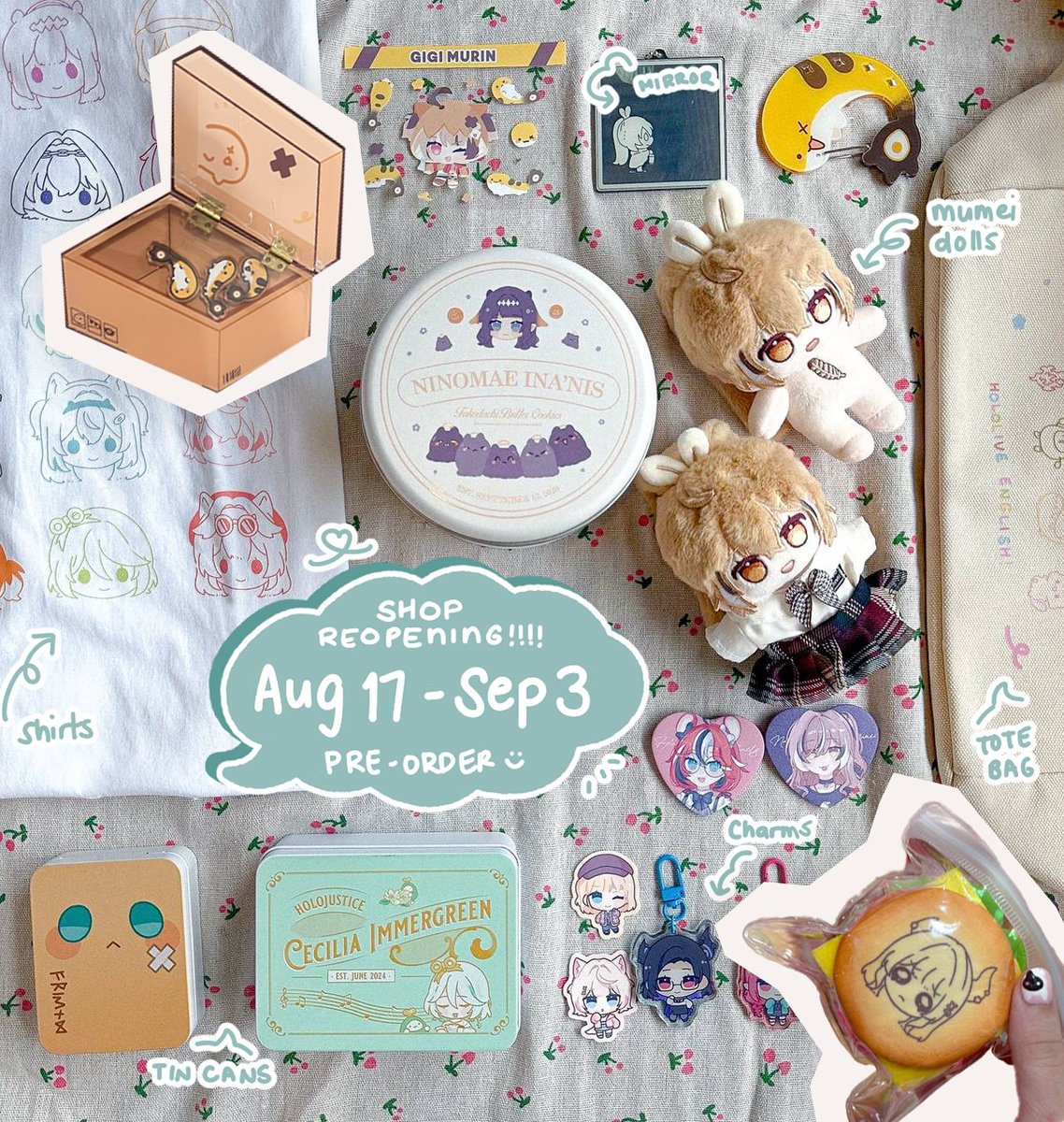 bulbaasaurs's tweet image. po for my new hololive merch + mumei dolls are now open!!! thank you for waiting!! :'D ships int'l + cosmania pickup for local buyers!*

PO period: aug 17 - sep 3, +8 GMT
Fulfillment Period: october for non-plushie merch, december onwards for plushie orders!