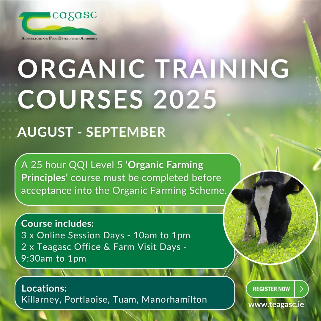 teagasc's tweet photo. A 25 hour QQI Level 5 ‘Organic Farming Principles’ course must be completed before acceptance into the Organic Farming Scheme. 
The @TeagascOrganics team are running courses in Killarney, Portlaoise, Manorhamilton and Tuam.
Book your place here https://t.co/zE6Rj08IRp https://t.co/hPB10K3tBZ