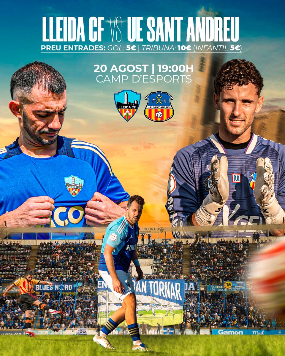 Lleida CF (@lleidacf) on Twitter photo PARTIT D’AGERMANAMENT 💙🤍🤝💛❤️
🗓️ 20/08
⏰ 19:00h
🎟️ 5€ Gol 10€ Tribuna. A partir de dilluns es podran comprar a les oficines del club o el mateix dia de partit a les taquilles.
Volem agrair al <a href="/uesantandreu/">Unió Esportiva Sant Andreu</a> per solidaritzar-se amb el Lleida CF pagant els costos PARTIT D’AGERMANAMENT 💙🤍🤝💛❤️
🗓️ 20/08
⏰ 19:00h
🎟️ 5€ Gol 10€ Tribuna. A partir de dilluns es podran comprar a les oficines del club o el mateix dia de partit a les taquilles.
Volem agrair al <a href="/uesantandreu/">Unió Esportiva Sant Andreu</a> per solidaritzar-se amb el Lleida CF pagant els costos