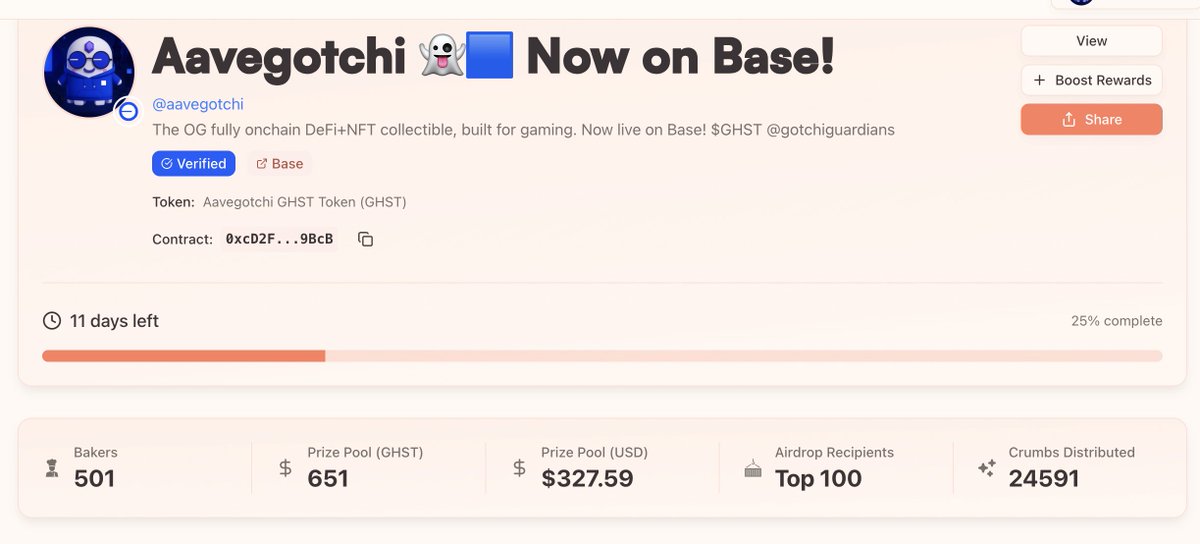 If the <a href="/aavegotchi/">Aavegotchi 👻🟦 Now on Base!</a> Breadcrumb campaign reaches 75k crumbs distributed before the first week is over, I'll contribute an additional 500 $GHST worth of prizes to the campaign. 

We're 1/3 there. Spread the word!