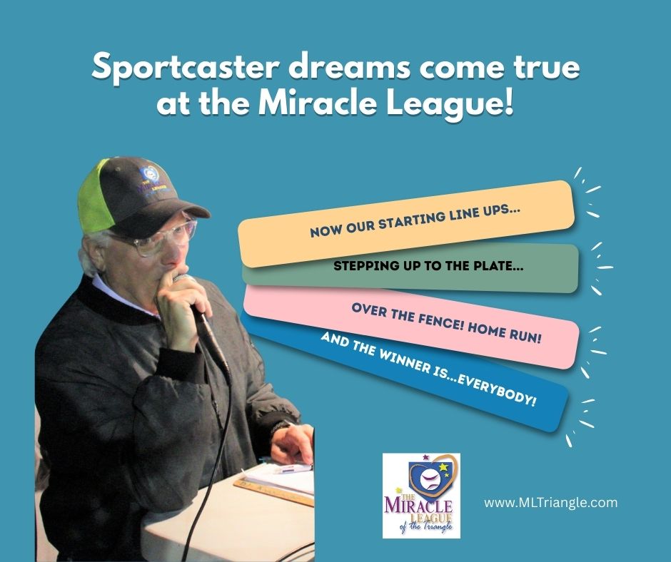Miracle League Tri (@mlofthetriangle) on Twitter photo Gift of gab? Witty, outgoing? Dream of being a great sportscaster? We may not be the road to MLB but our games are awesome! Game announcers needed Tues/Thurs/Fri evenings & all day Saturdays. No experience needed, training provided. To volunteer, contact KCoburn@MLTriangle.com Gift of gab? Witty, outgoing? Dream of being a great sportscaster? We may not be the road to MLB but our games are awesome! Game announcers needed Tues/Thurs/Fri evenings & all day Saturdays. No experience needed, training provided. To volunteer, contact KCoburn@MLTriangle.com