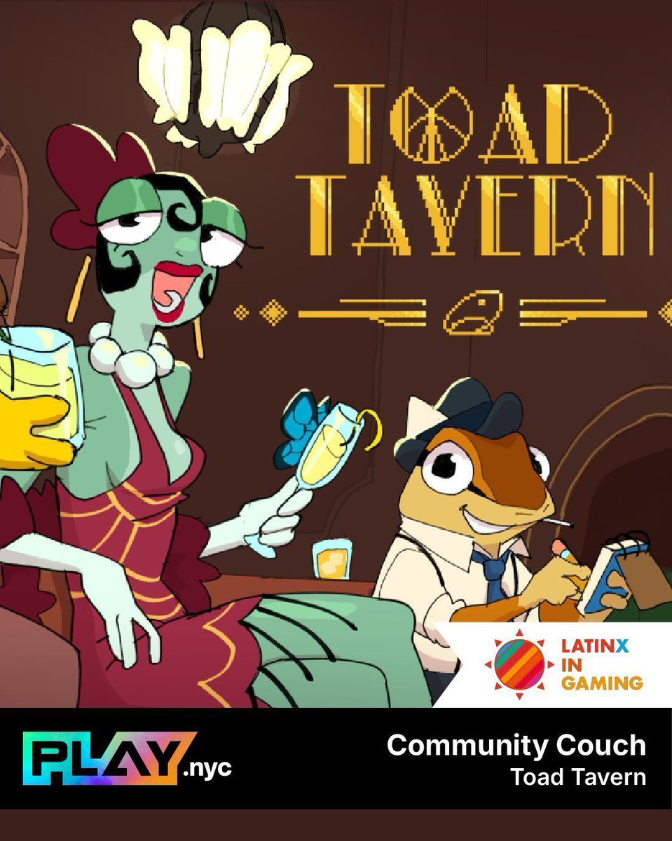 Playcrafting's tweet image. ‼️Exhibitor Announcement‼️ Play @ToadTavernGame at the Latinx in Gaming booth!

🐸  Play as a down-on-your-luck bartender in a 1920s speakeasy visual novel. 

🍸Mix drinks, master recipes, and uncover hidden truths; after all, drunk toads tell no lies.

#PlayNYC @latinosingaming