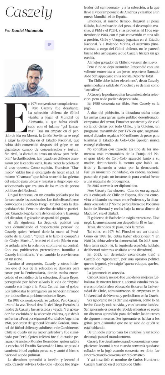 Sebastián Salinas (@salinas_chile) on Twitter photo Don <a href="/DMatamala/">Daniel Matamala</a> es azul fanático.
Pero cuando hay que decir que Pinochet no dio plata para el Estadio Monumental, él que ha investigado siempre dice la verdad: eso es mentira
Hoy, se manda esta columna para poner la pelota al piso
Mis aplausos para usted, caballero Don <a href="/DMatamala/">Daniel Matamala</a> es azul fanático.
Pero cuando hay que decir que Pinochet no dio plata para el Estadio Monumental, él que ha investigado siempre dice la verdad: eso es mentira
Hoy, se manda esta columna para poner la pelota al piso
Mis aplausos para usted, caballero