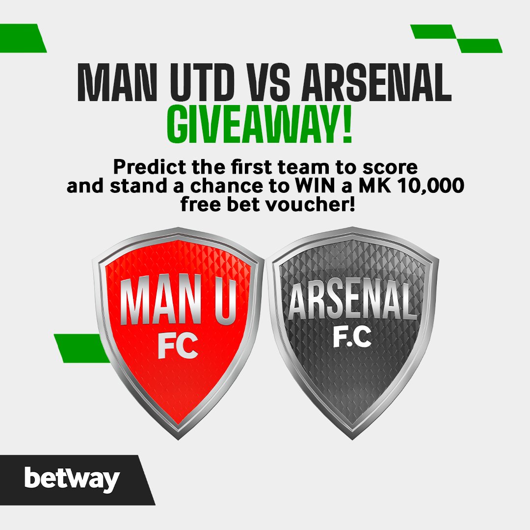 🎯 Man Utd 🆚 Arsenal Giveaway! 🎯

Think you know who will strike first?

⚽ Predict the first team to score in this epic clash and stand a chance to WIN one of 20 free bet vouchers worth MK10,000!

📌 How to enter:
 1️⃣ Comment your prediction below
 2️⃣ Share this post with a