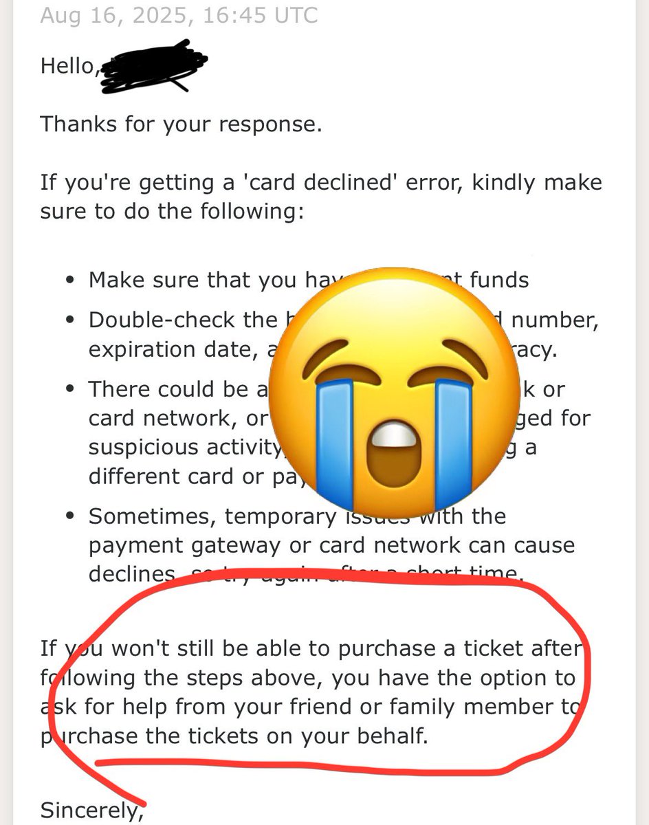 I haven’t been able to buy tickets for any Empty Bottle shows for no matter what card I use and <a href="/TicketWeb/">TicketWeb US</a> customer service told me to get someone else to buy them for me 😭 this is the third show this summer I’ve tried to buy. Infuriating