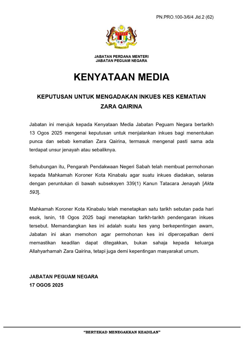 Inkues berhubung kematian Zara Qairina dijalankan esok - AGC

bernama.com/bm/am/news.php…

#BernamaNews