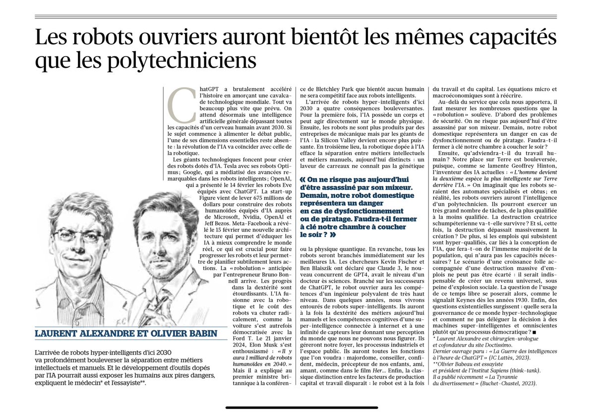 Ce que l’opinion ne comprend pas

Les robots ouvriers ne seront pas des automates stupides et spécialisés

Ils seront plus intelligents qu’un polytechnicien ou un généticien

Ils seront aussi meilleurs en médecine qu’un grand médecin 

Avec <a href="/OlivierBabeau/">Olivier Babeau</a> cela nous inquiète